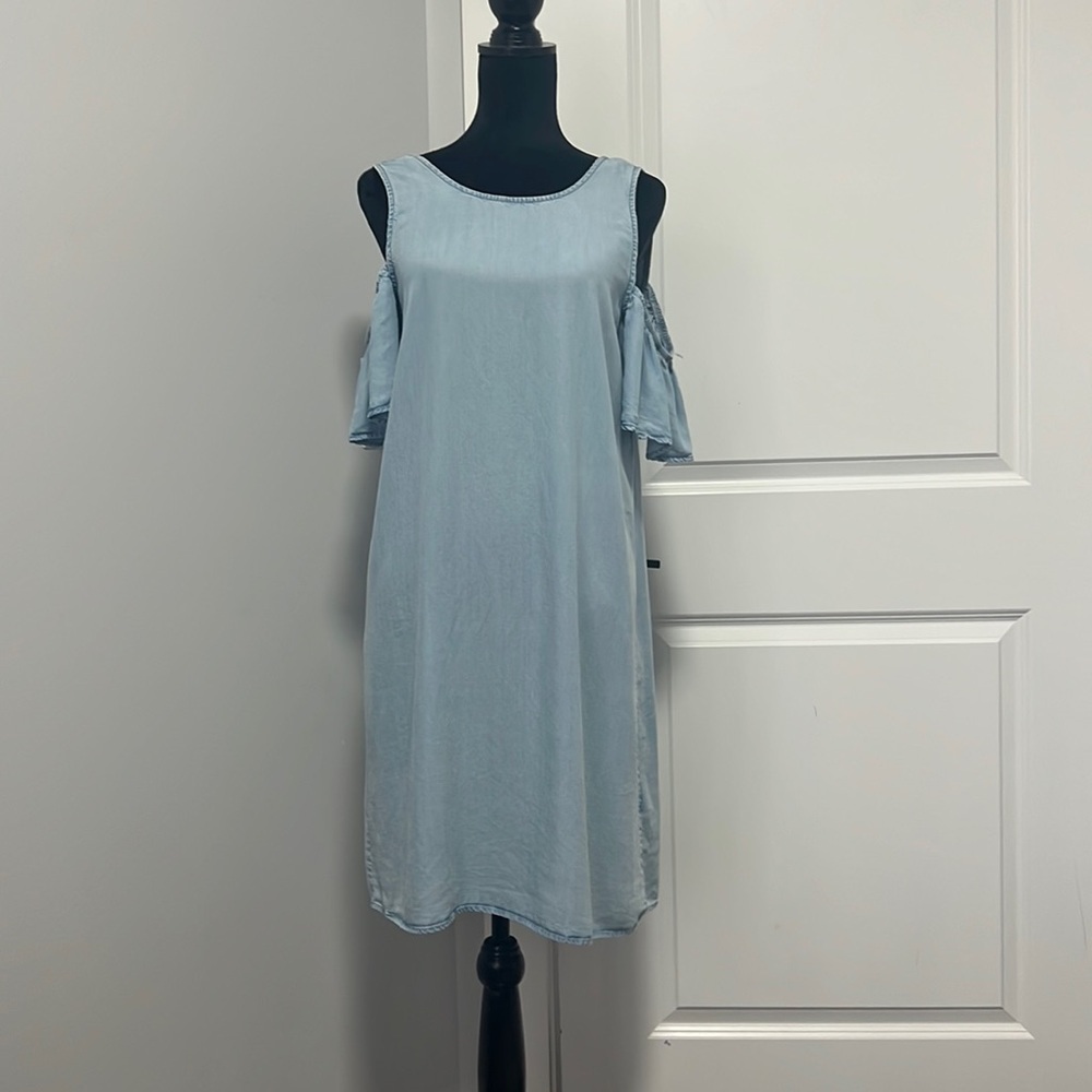 Noisy May Womens Chambray Open Shoulder Ruffle Tencel Dress Short Sleeve Blue M